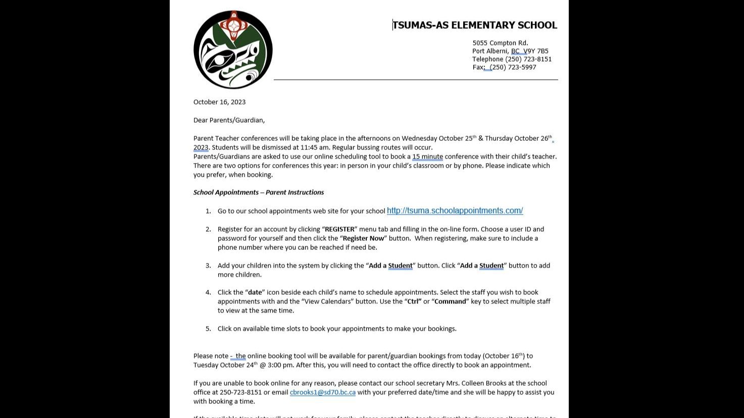 PT Conference letter to parents