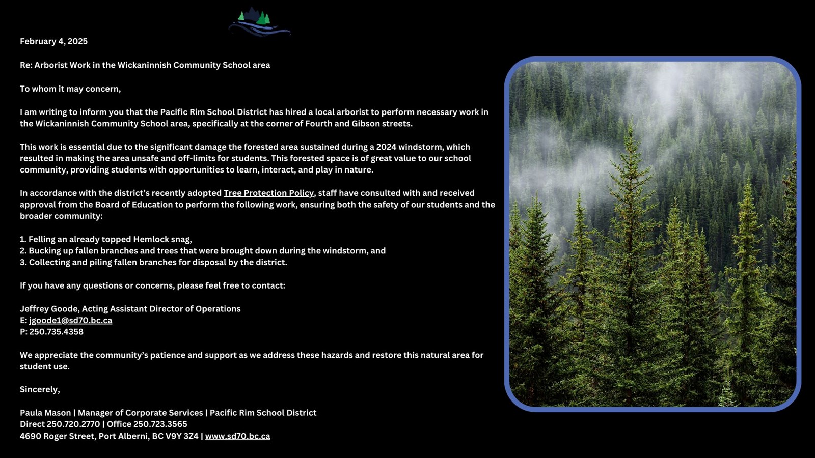 Arborist Work - Wickaninnish Community School