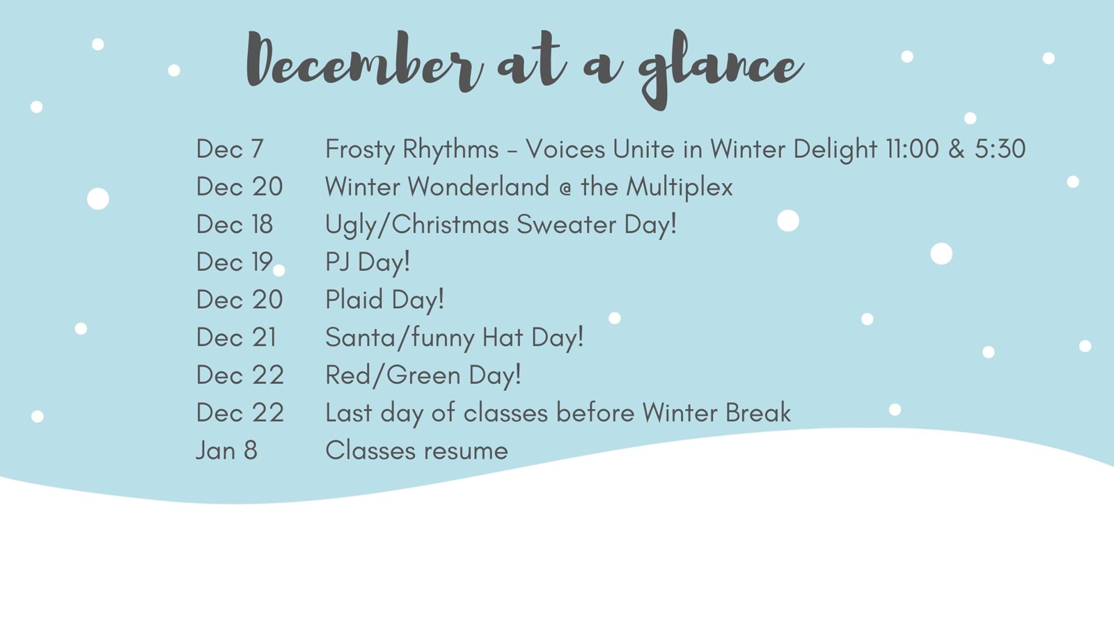 December at a glance