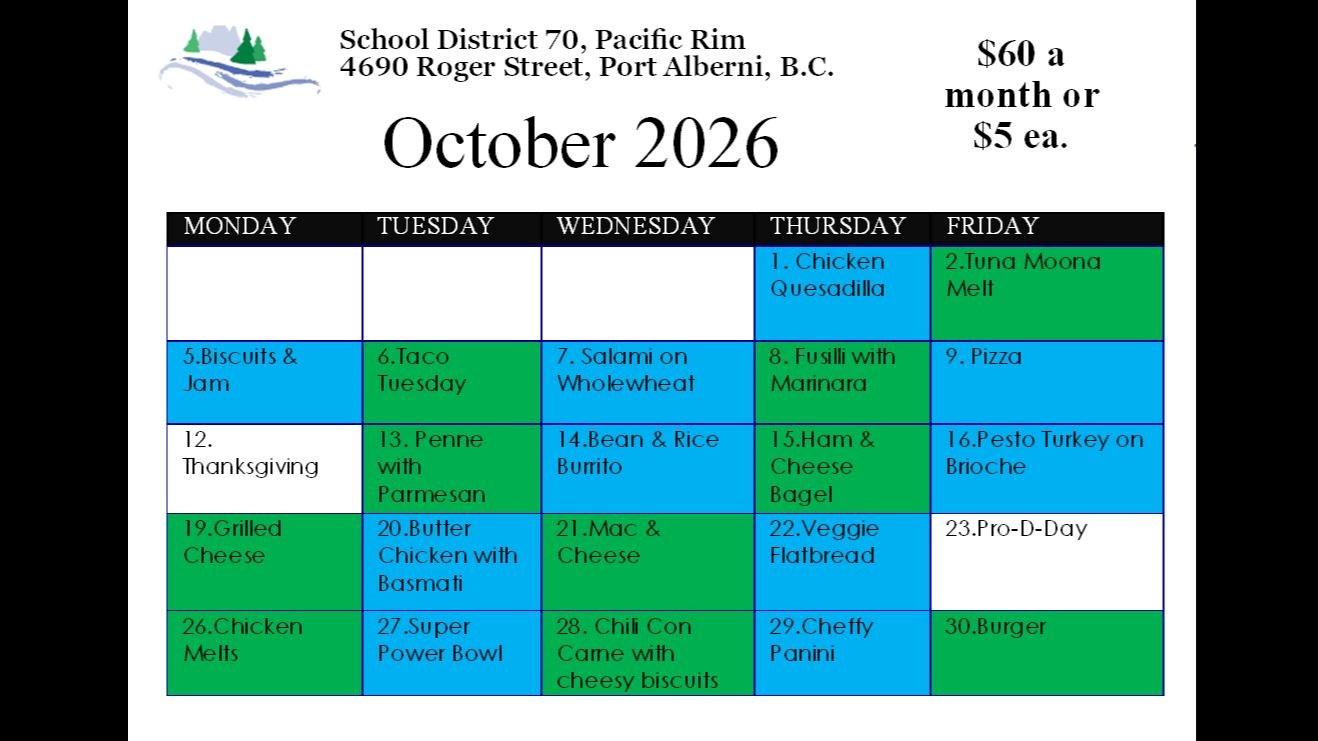 October Lunch Program Menu