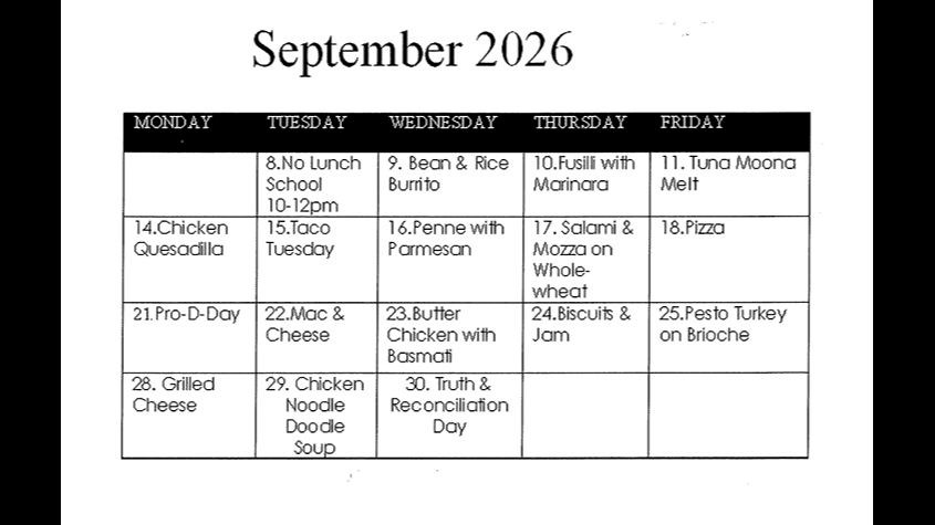 September Lunch Program Menu